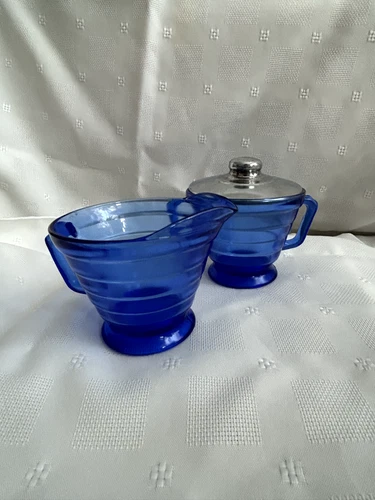 Vintage Hazel Atlas Moderntone Cobalt Blue Creamer Pitcher and Sugar Bowl