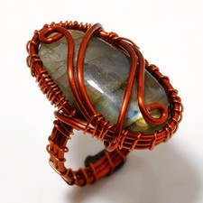 Blue Fire Labradorite Gemstone Wire Wrap Copper Ethnic Jewelry Ring 6.25" PG 634