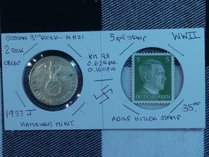 CB160: GERMAN 3rd Reich,Nazi, Silver Large Swastika 2 RMark, 5 PF ,Hitler Stamp