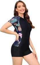 Ecupper One Piece Floral Swimsuit Diving Bathing Suit Boyleg Rash Guards - Large