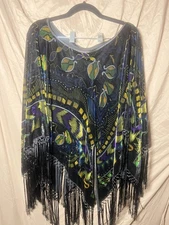 Vtg Poncho Shaw Silk Rayon Scarf Wrap Velvet Multicolor Black Fringed Womens OS