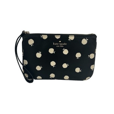Kate Spade Chelsea Apple Printed Nylon Medium Wristlet Zip Pouch, Black NWT