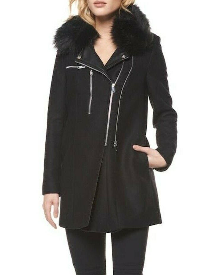 DEX Women's Black Asymmetrical-zip Wool Coat Detachable Faux Fur