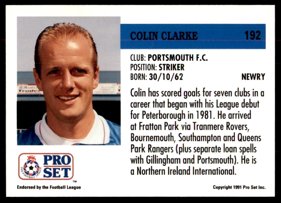 Pro Set Football 1991-1992 Portsmouth Colin Clarke #192 - Image 2 of 2
