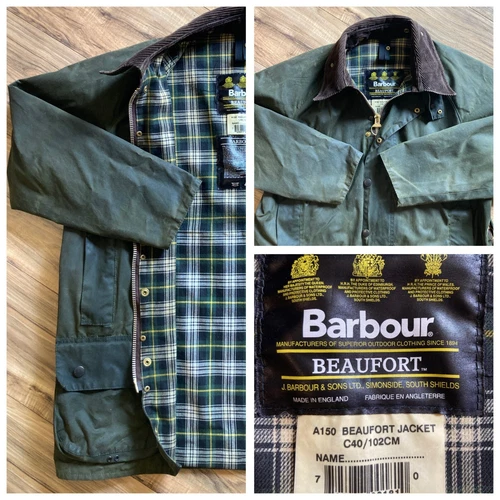 BARBOUR Beaufort C 40 M Wax Cotton Dk Green Front  Tartan 2 Zip Bk Pocket  NICE