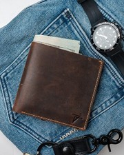 Pure 100 Leather Bi-fold Wallet for Men Hipster Euro Rustic Brown Crazy Horse