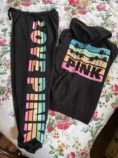 Victoria's Secret Pink Rainbow Glitter Full Zip Hoodie Pants Set Black S/M