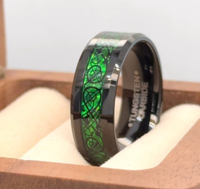 Green Celtic Dragon Inlay Classic Ring Black Tungsten Valentine Band For His-Her