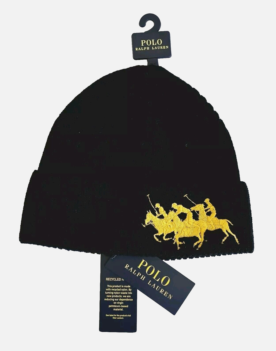 New Polo Ralph Lauren Men's Black Beanie Embroider Gold Triple Big