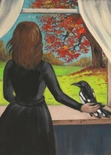 5x7 PRINT OF PAINTING RYTA HALLOWEEN FOLK ART RAVEN CROW JACKDAW AUTUMN WITCH