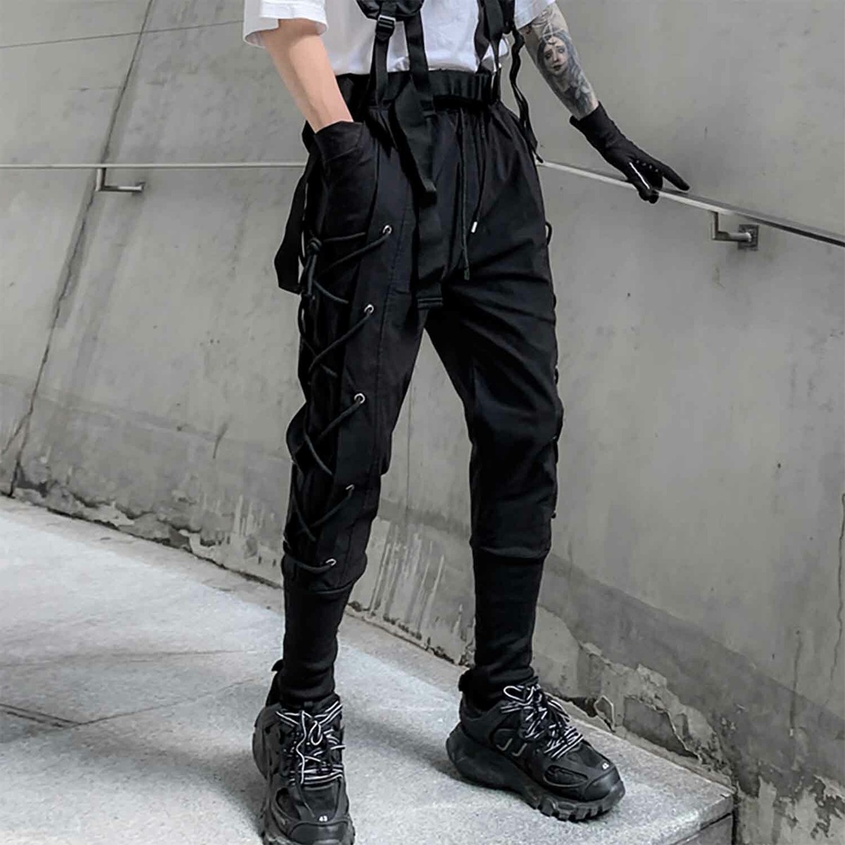 Cross Design CyberPunk Cargo Techwear Pants For Mens Black S-3XL Elastic  Waist