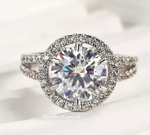 14K White Gold 3 CT Round Cut Moissanite Split Shank Halo Wedding Ring For Women