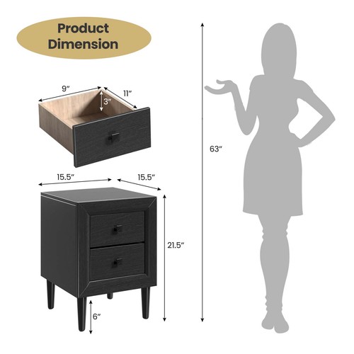 End Bedside Coffee Table Nightstand Wooden Leg Storage Drawers Black - Picture 2 of 8