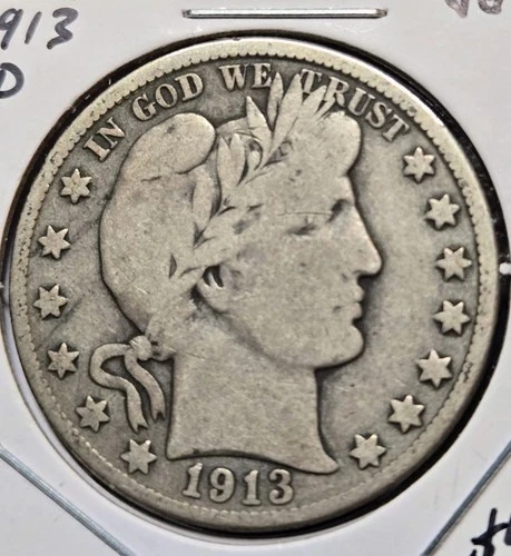 1913-D Barber Half Dollar, Key Date,  Nice Original Surfaces. Most Liberty