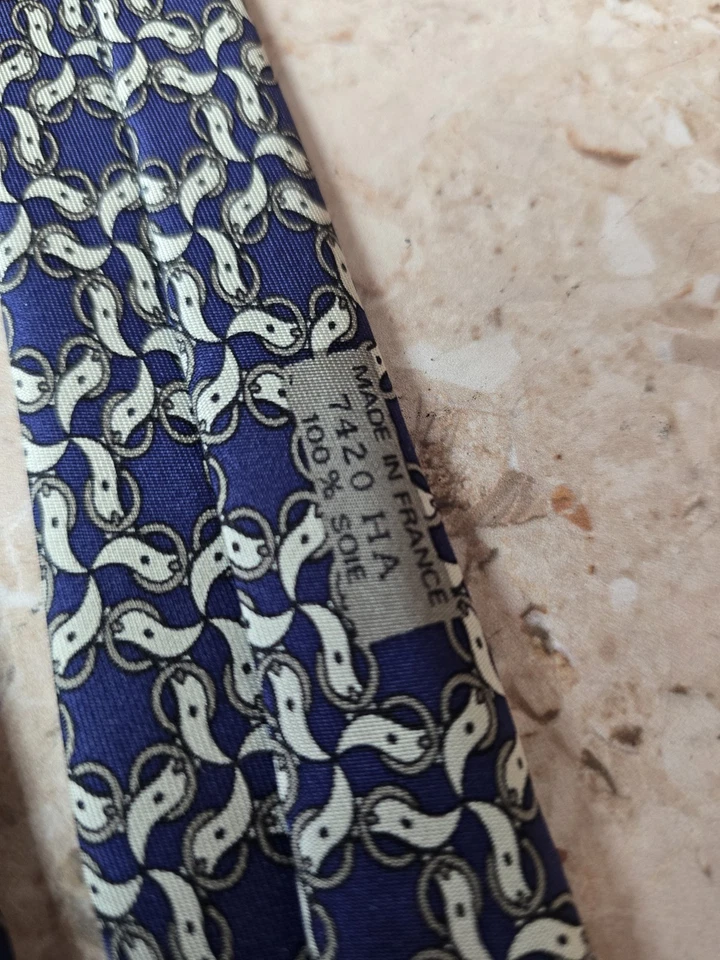 Corbata de seda para hombre HERMES 7420 HA FRANCIA de lujo ecuestre azul/gris usada en excelente estado rara Foto 4 de 4