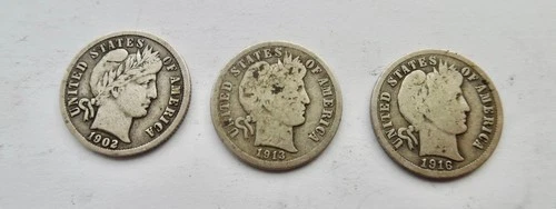 Lot of 3 Barber Silver Dimes –  1902, 1913, 1916  – 90% Silv