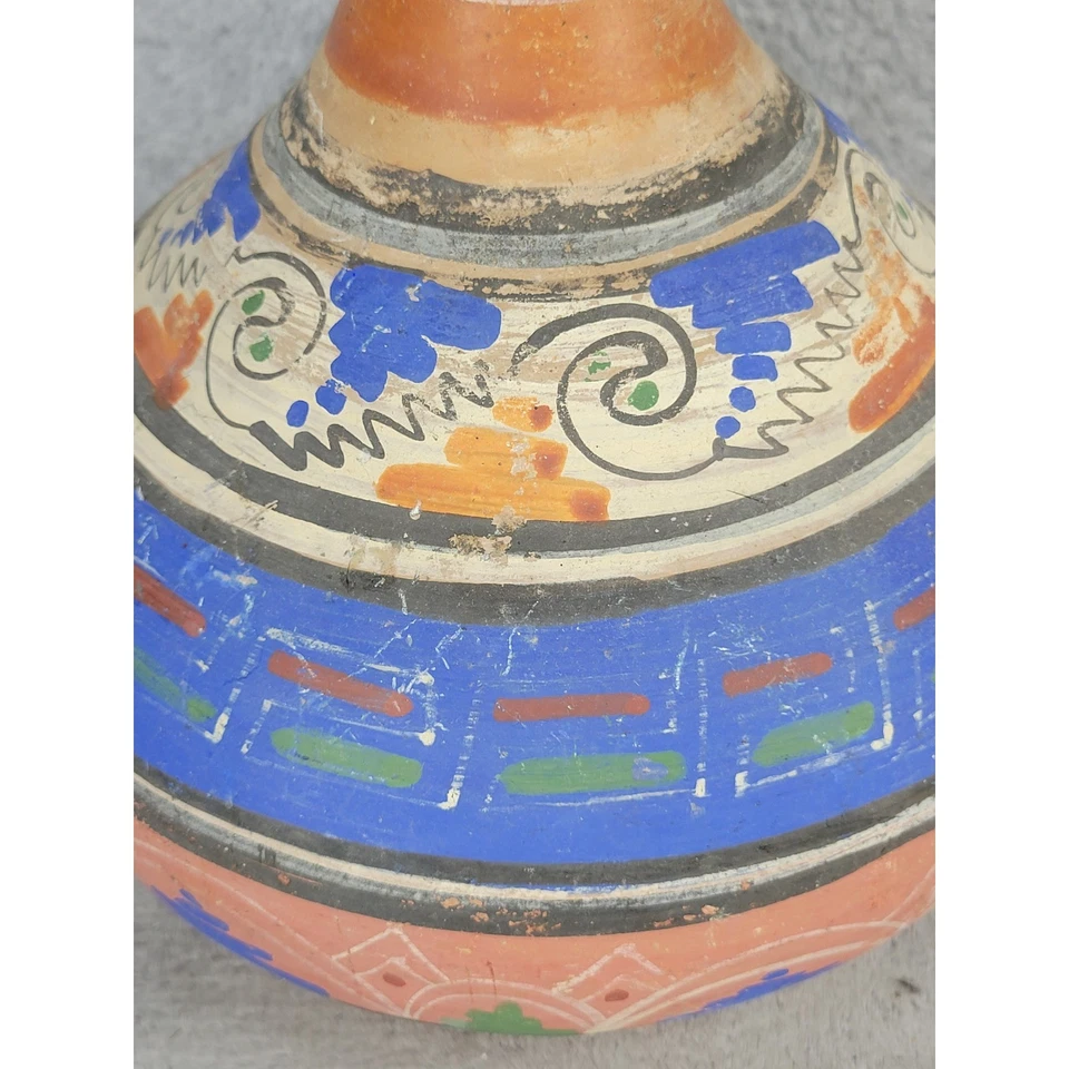 Jarrón de cerámica vintage pintado a mano coloridos patrones geométricos Foto 3 de 4