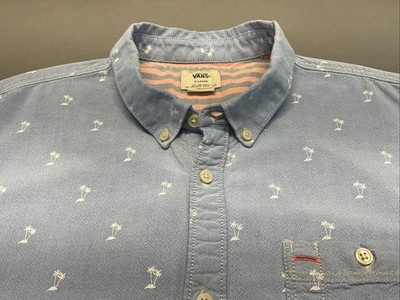 Vans Palm Tree Print Button Down Shirt Mens XL Blue Chambray Cotton Casual
