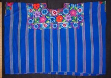 Vintage Handcrafted Guatemalan/Mexican Huipil Colorful Floral Embroidery on Blue