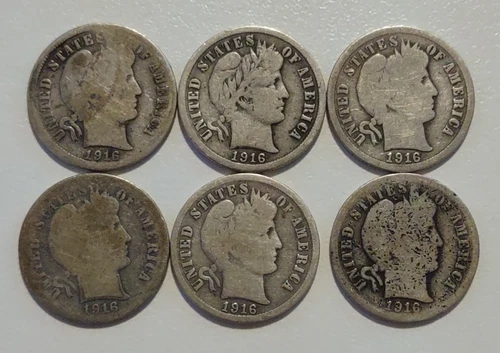 1916 Barber Dime Silver Lot of 6 Coins 10C Variety San Francisco Circulated