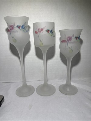 L.E. Smith Frosted Votive Hummingbird (3) Glass Orchid Flower Vtg Candle Holders