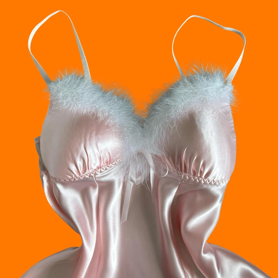 00's vintage baby pink satin feather maribou y2k lingerie babydoll slip M apt 9 - Image 2 of 4