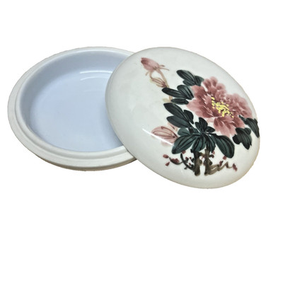 Vintage Porcelain Asian Trinket Box with Lid Peony