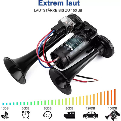 WADEO 12V Truck Horn 150dB, Super Loud Car Horn with Compressor, Air Horn