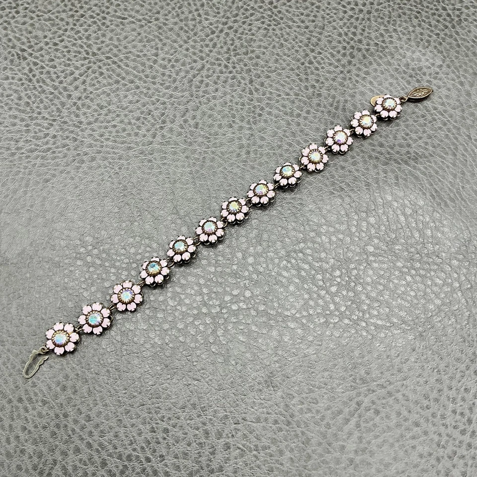 Liz Palacios SF 花卉手链粉色珐琅 AB 水晶签名金色链接 7 — 第 4/4 张图片