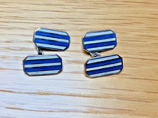 *****Gemelos eduardianos de plata de ley, esmalte a rayas azules y blancas*****
