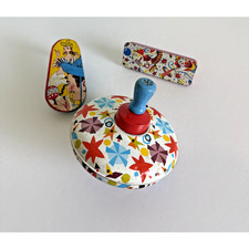 Ohio Art Vintage 1950  s Spinning Top Tin-Litho with to Vintage noise makers