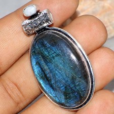 Classy Fiery Labradorite Rainbow Moonstone 925 Silver Plated Pendant 2.1" JW