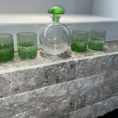 Moser Green/White Decanter Set Pebbles Pattern with Stopper & 4 Matching Glasses