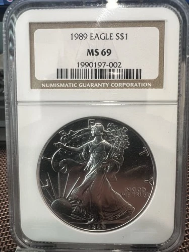 1989 American Silver Eagle NGC MS69 Brown Label -Blast White Gem!
