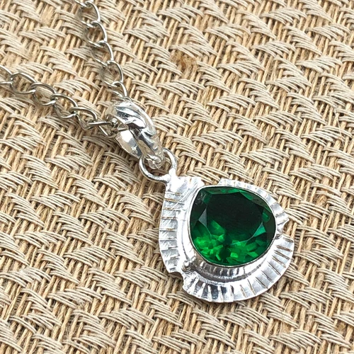 Emerald Gemstone Women Pendant Solid Silver Handmade Boho Jewelry 1.15" For Her - product listing photo
