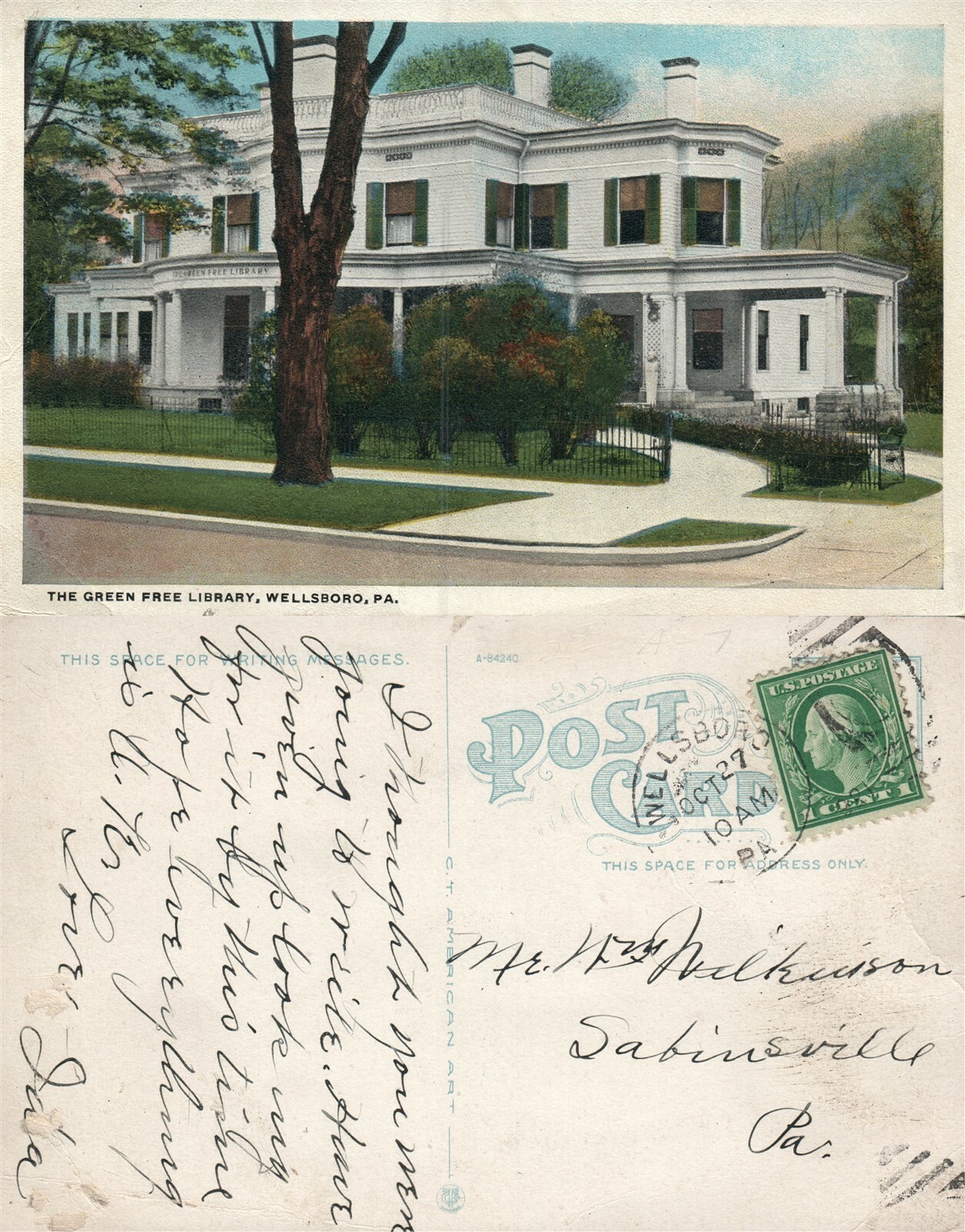 WELLSBORO PA GREEN FREE LIBRARY ANTIQUE POSTCARD w/ CORK CANCEL eBay