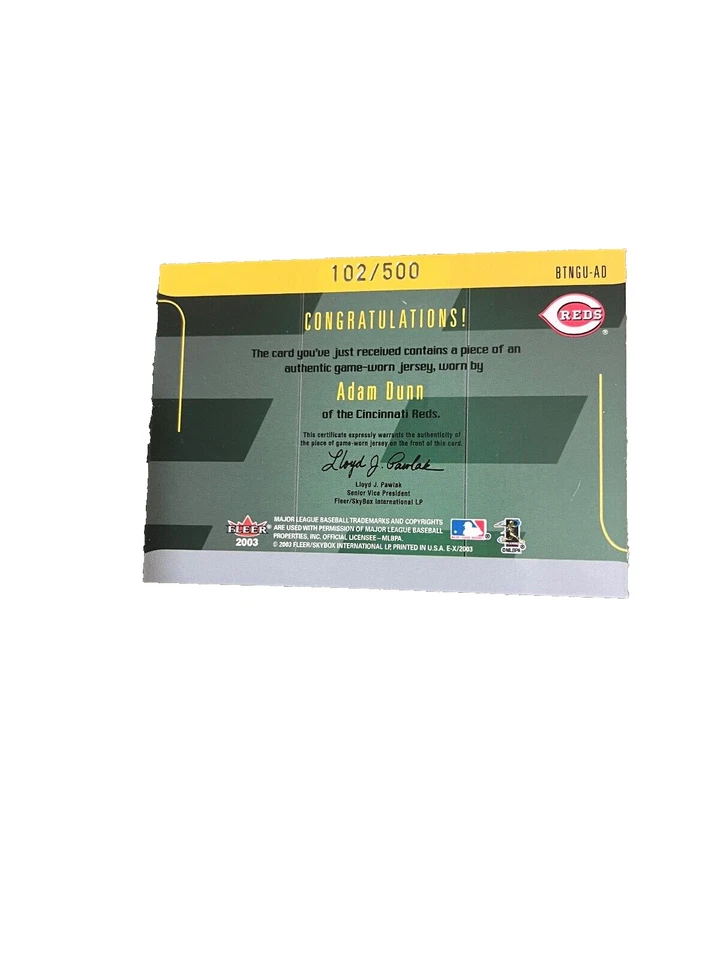 ADAM DUNN 2003 Fleer BTNGU-AD Behind The Numbers Jersey Patch Relic 102/500 - Image 2 of 2