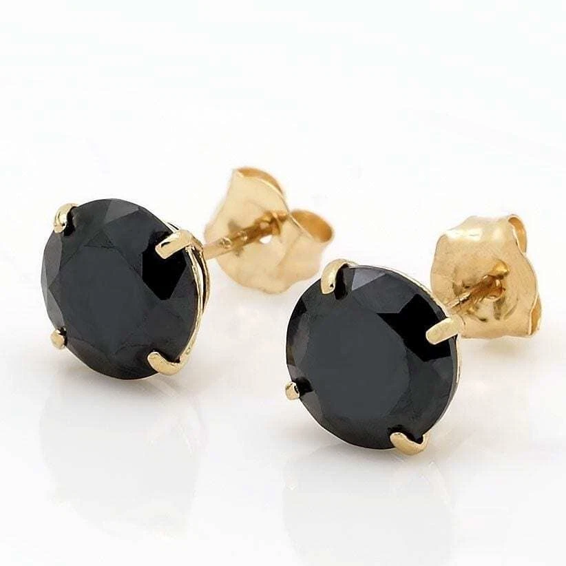 2CTW Simulated Black Diamond Round 14K Yellow Gold Push Back Stud Earrings 6mm - Image 3 of 4