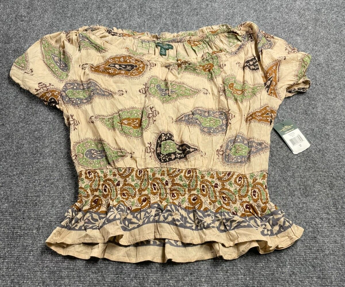 Women's Beige Paisley Cotton Blouse Top Size M