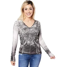 New Women's Affliction Alondra L/S Rhinestone & Cross Wings T-Shirt Top XS-XXL