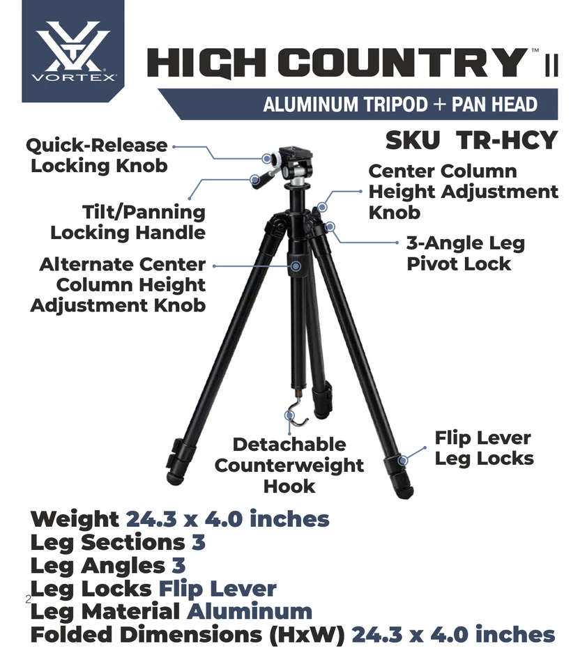 Kit de trípode Vortex Optics High Country II con cabeza de sartén con paquete de sombrero camuflado gratis Foto 4 de 4