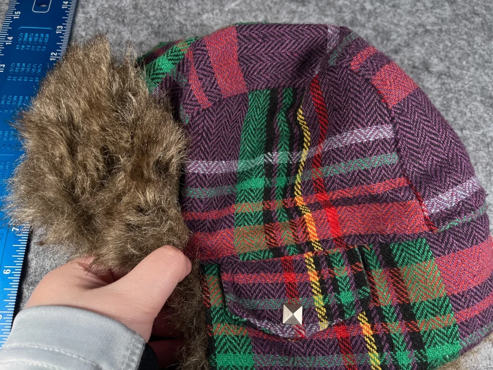 Gorro Trapper adulto talla única púrpura a cuadros lana mezcla de polietileno imitación piel oreja solapa Foto 3 de 4