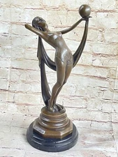 Art Deco Flapper Dancer Girl Holding Ball Bronze Statue Sculpture Figure