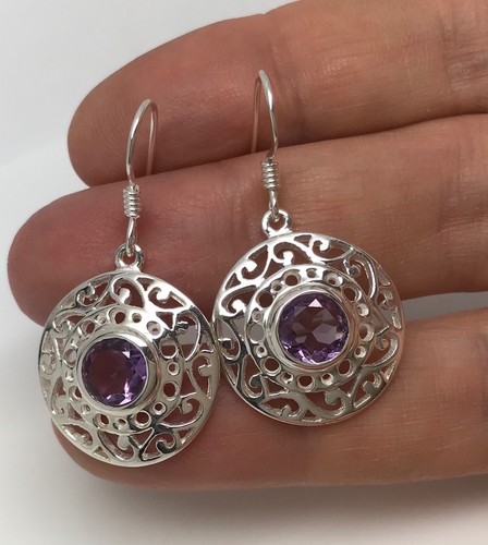 Amethyst round drop earrings solid Sterling Silver filigree Gift Box - Picture 2 of 7