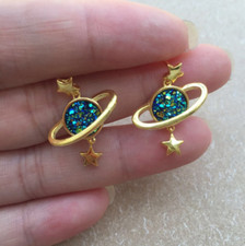 S925 Sterling Silver Blue Glitter Crystal Saturn Planet Women Stud Earrings PE51