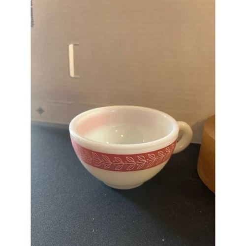 Vintage pyrex Milk Glass Teacup Laurel Red Leaf Pattern Mid Century USA