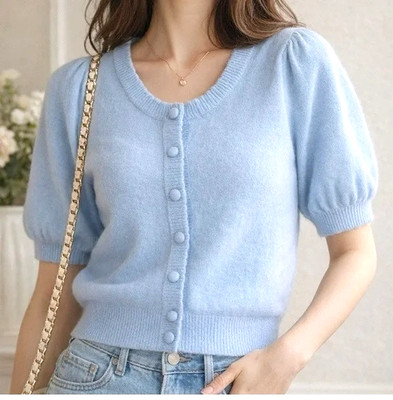 JOIE 100% Cashmere Knit Cardigan Sweater Sky Blue Button Short sleeve Sz: S NWT