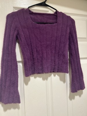 2Bella Purple Fuzzy Rib-Knit Square Neck Long Sleeve Pullover Sweater Daphne Y2K