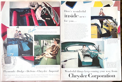 1954 two page magazine ad for Chrysler Corporation Cars - colorful interiors