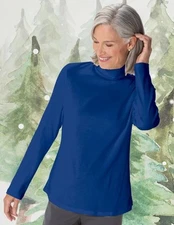 APPLESEEDS Blue Sz Large Petite Soft Stretchy 100% Cotton Mock Neck Shirt NEW